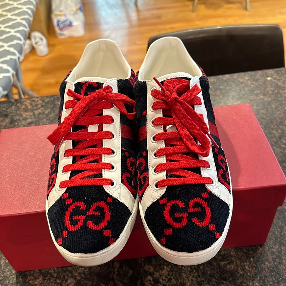 Gucci, red, white and blue velour printed sneakers